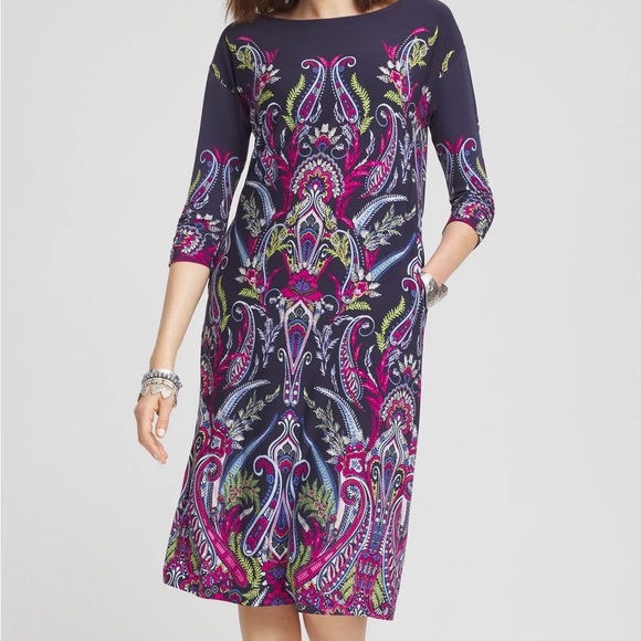 Chico's Dresses & Skirts - Chico's Vibrant Paisley Midi Dress in Navy and Magenta